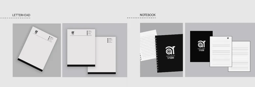 AR Photography Studio letterhead and notebook