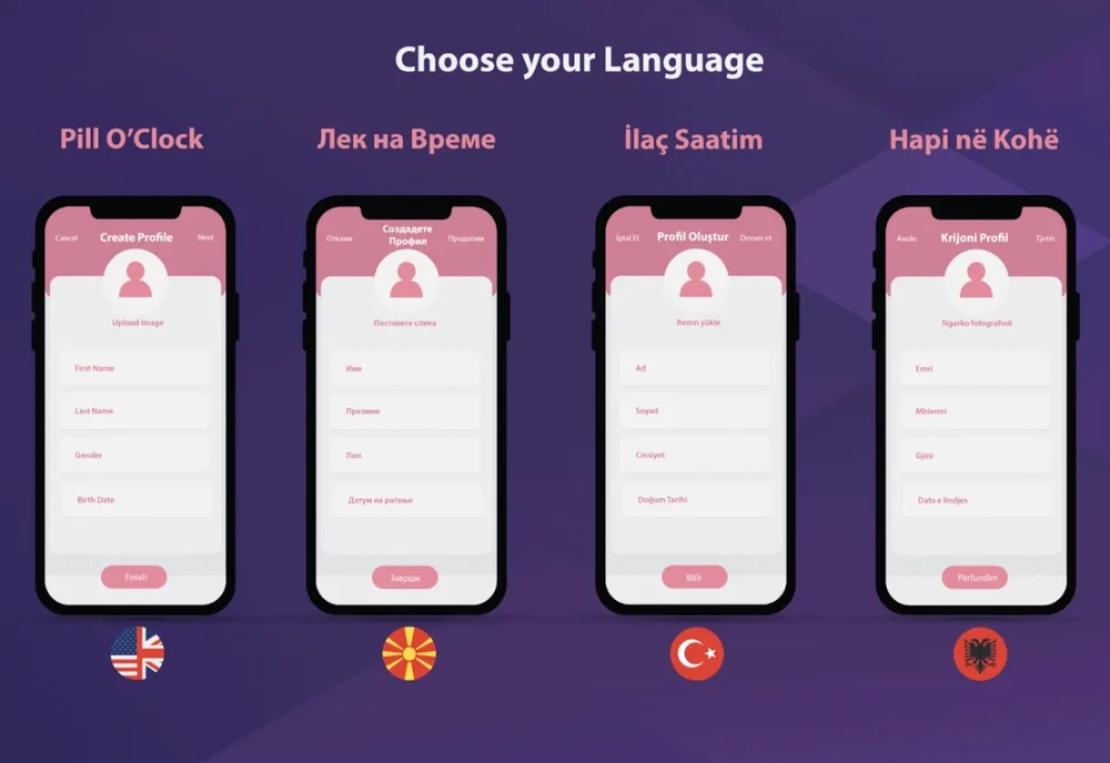 Pill O'Clock multilingual screens
